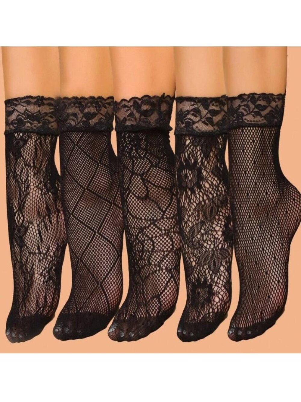 5-Pack Women's Cute Lace Mesh Black Fishnet Ankle Socks Ruffle Anklet Stockings